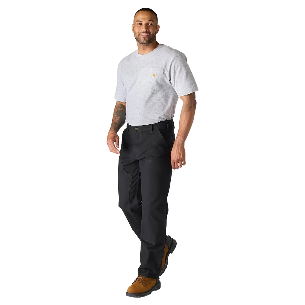 Man wearing a white t-shirt and black pants on a white background