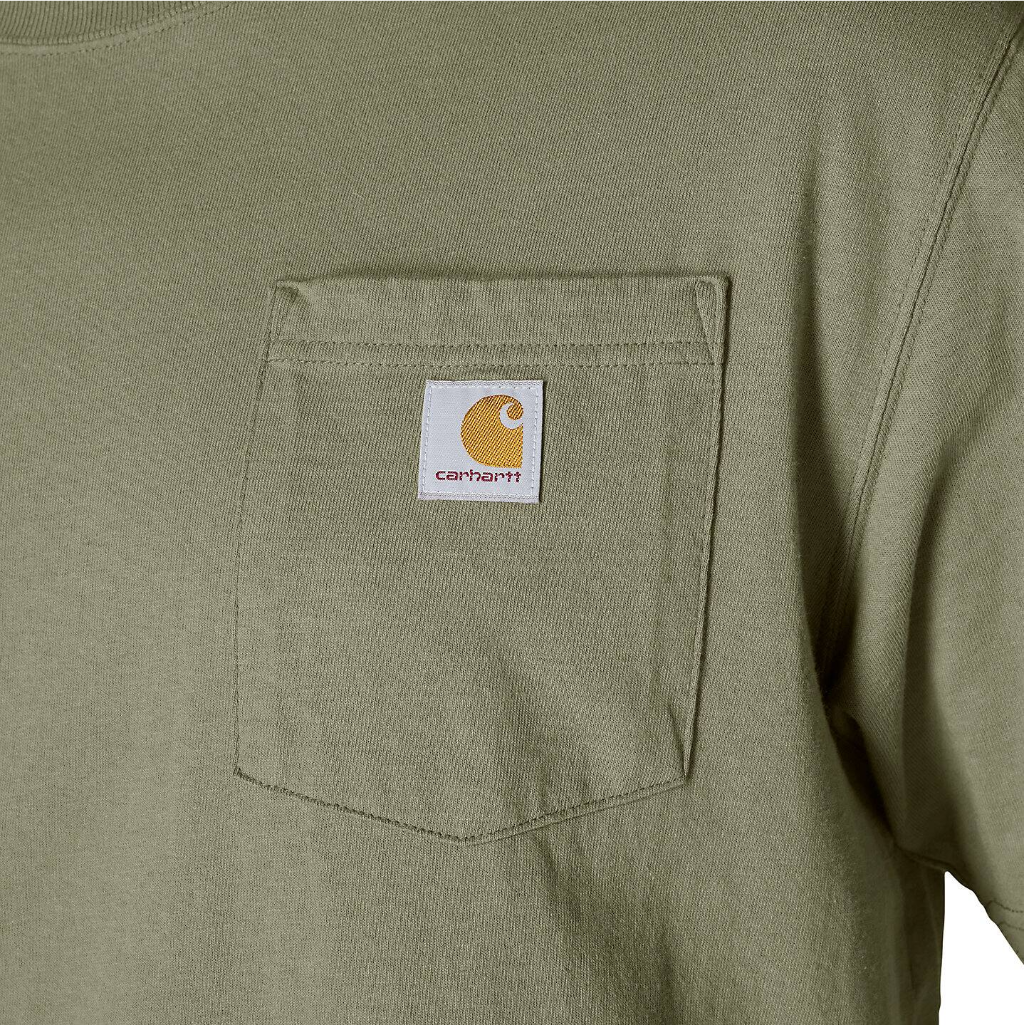 Green t-shirt with Carhartt logo on a pocket