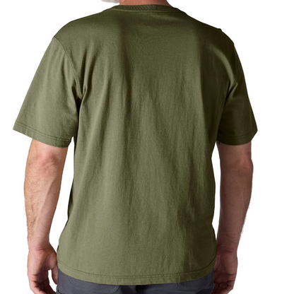 Person wearing an olive green t-shirt on a plain background