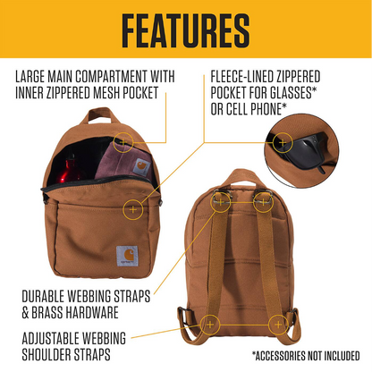 Brown backpack with features highlighted on a yellow and white background