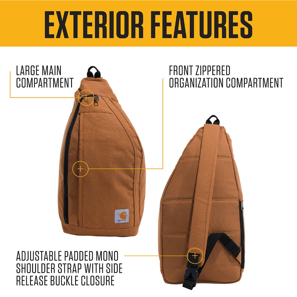 Brown sling bag with labeled exterior features on a yellow and white background