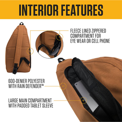 Brown backpack with labeled interior features on a white background