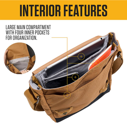 Brown bag with interior features highlighted on a yellow background