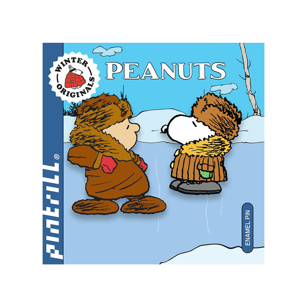 Peanuts-themed pins with Charlie Brown and Snoopy in winter clothing on a blue background.