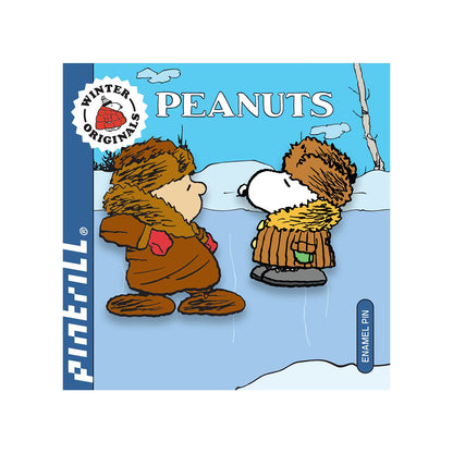 Peanuts-themed pins with Charlie Brown and Snoopy in winter clothing on a blue background.