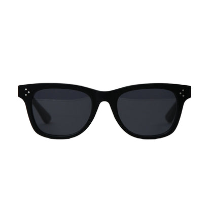 Black sunglasses with dark lenses on a white background