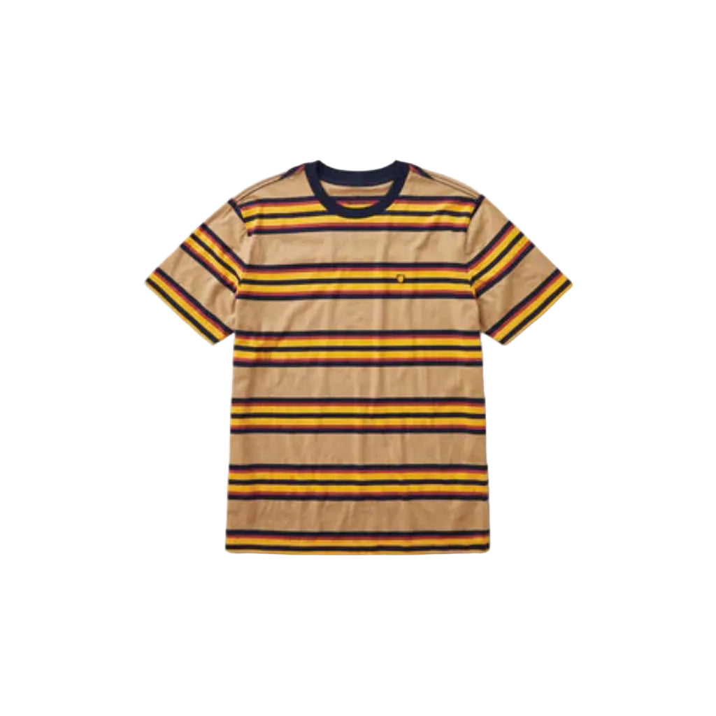 A striped t-shirt with a combination of tan, golden glow, and navy colors, featuring a left chest embroidery.