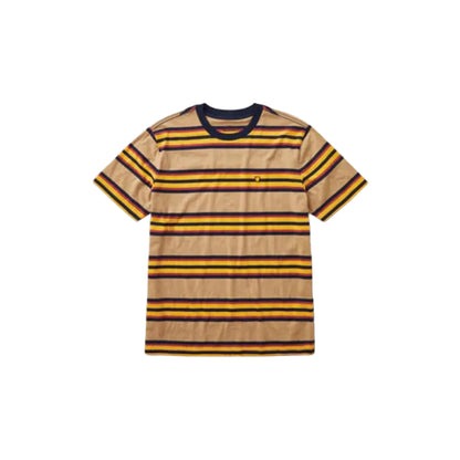 A striped t-shirt with a combination of tan, golden glow, and navy colors, featuring a left chest embroidery.