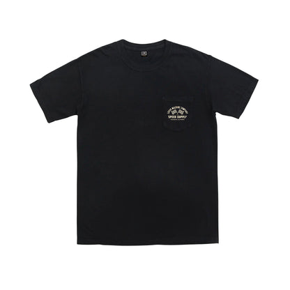Black t-shirt with a small white logo on the chest against a white background
