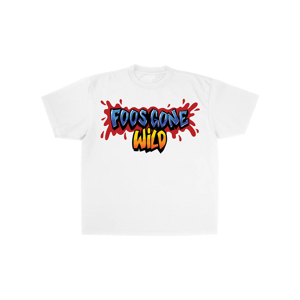 White foos gone wild tee with colorful logo on a white backdrop