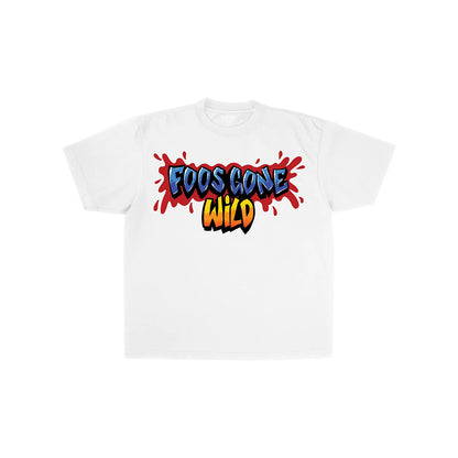 White foos gone wild tee with colorful logo on a white backdrop