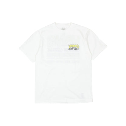 White t-shirt with yellow text on a white background