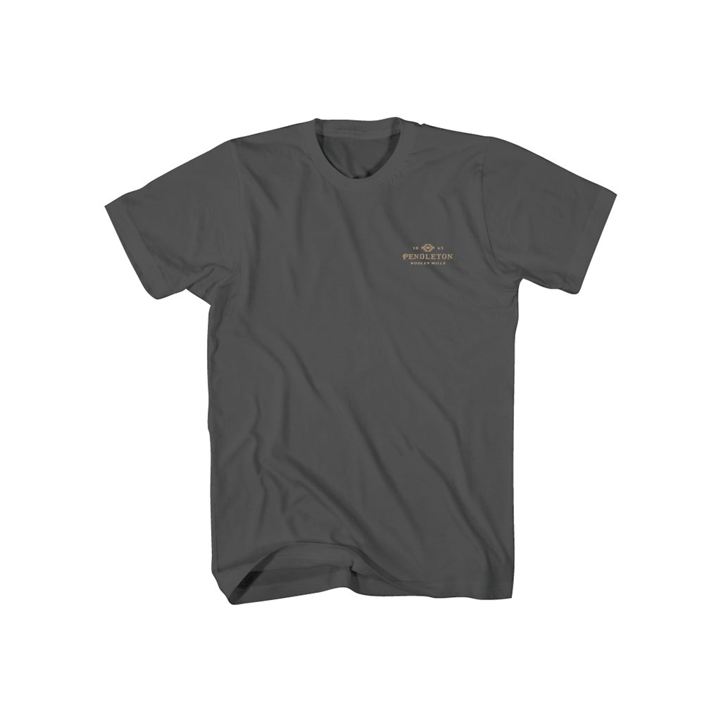 Gray t-shirt with a logo on the chest against a white background