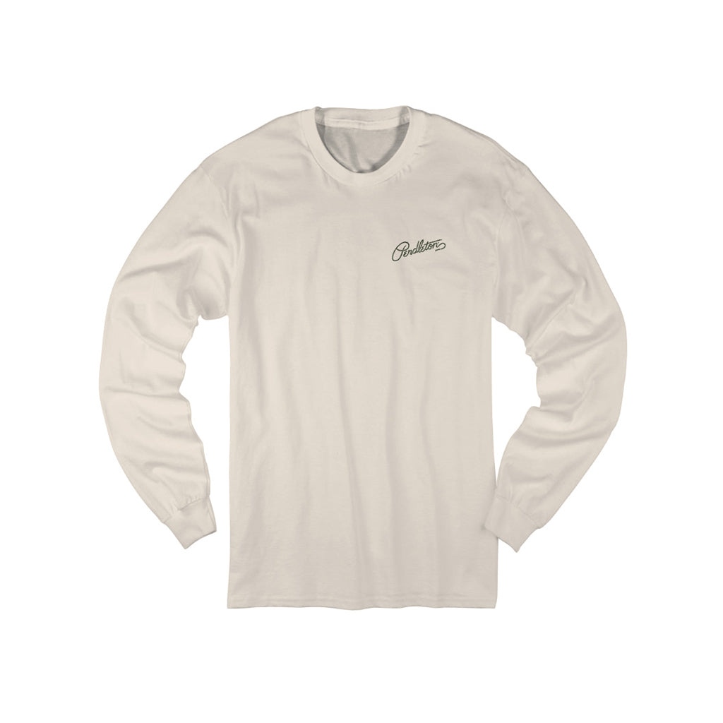 Beige long-sleeve shirt with a logo on a white background
