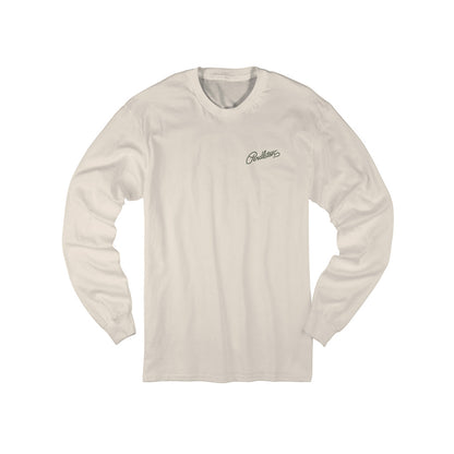 Beige long-sleeve shirt with a logo on a white background