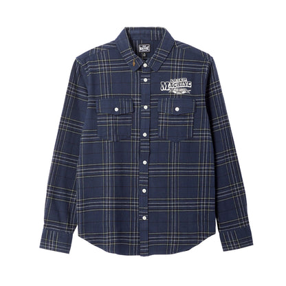 Navy plaid shirt with brand logo on a white background