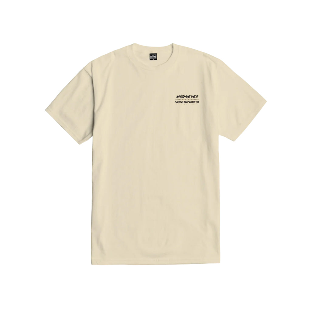 Beige t-shirt with a small black logo on a white background