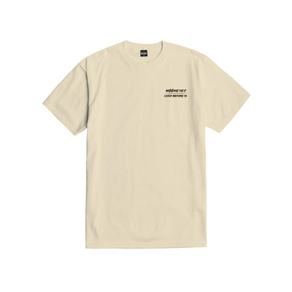 Beige t-shirt with a small black logo on a white background