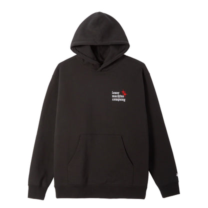 Black hoodie with a logo on the chest against a white background