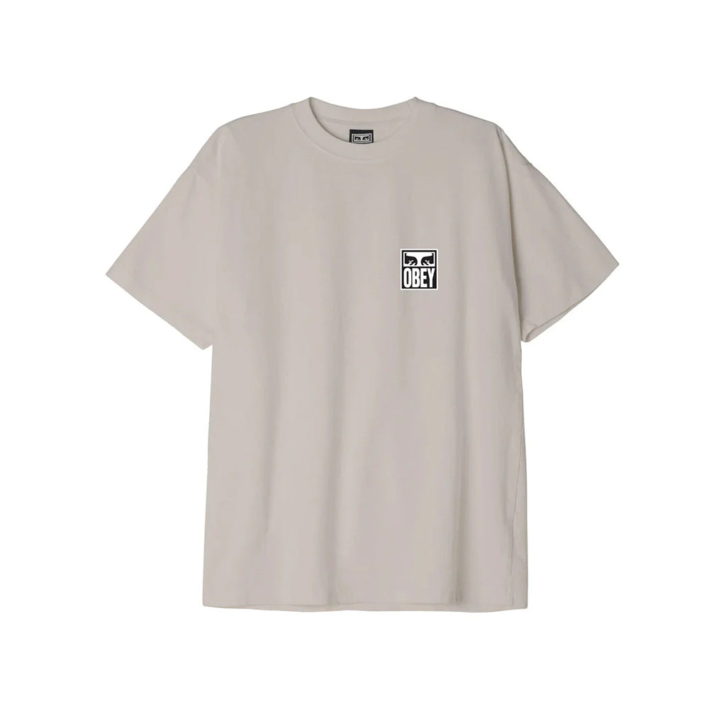 Beige t-shirt with a small logo on a white background