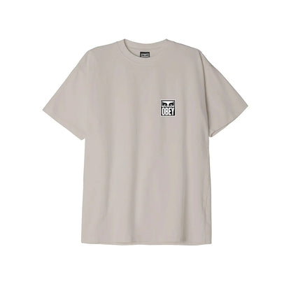 Beige t-shirt with a small logo on a white background
