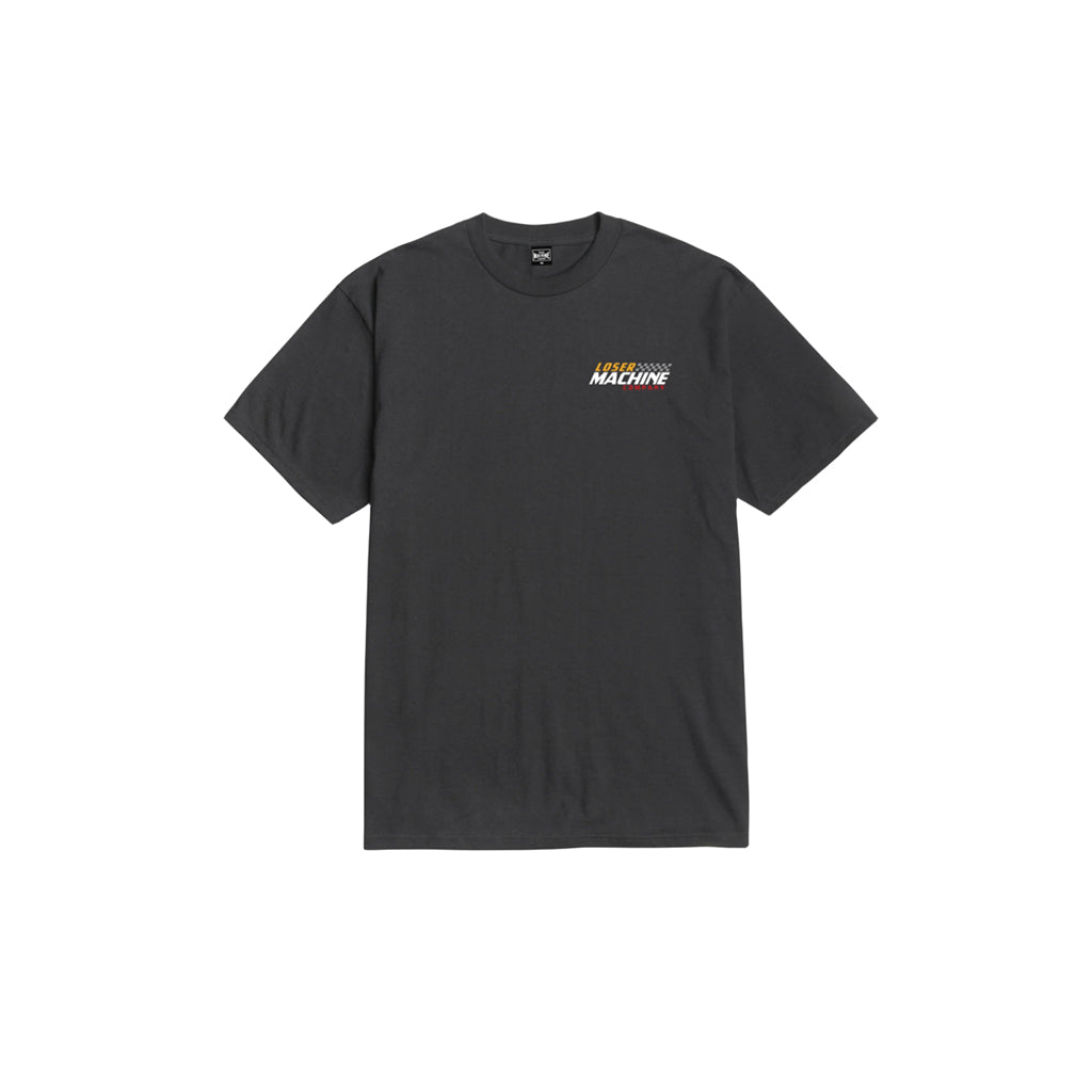 Black t-shirt with a logo on the chest against a white background