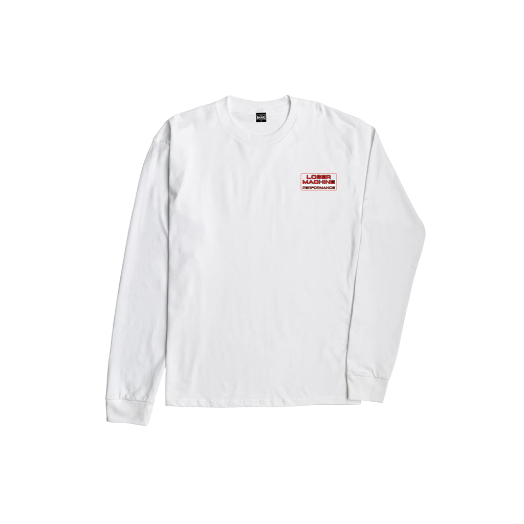 White long-sleeve shirt with a red and black logo on a white background