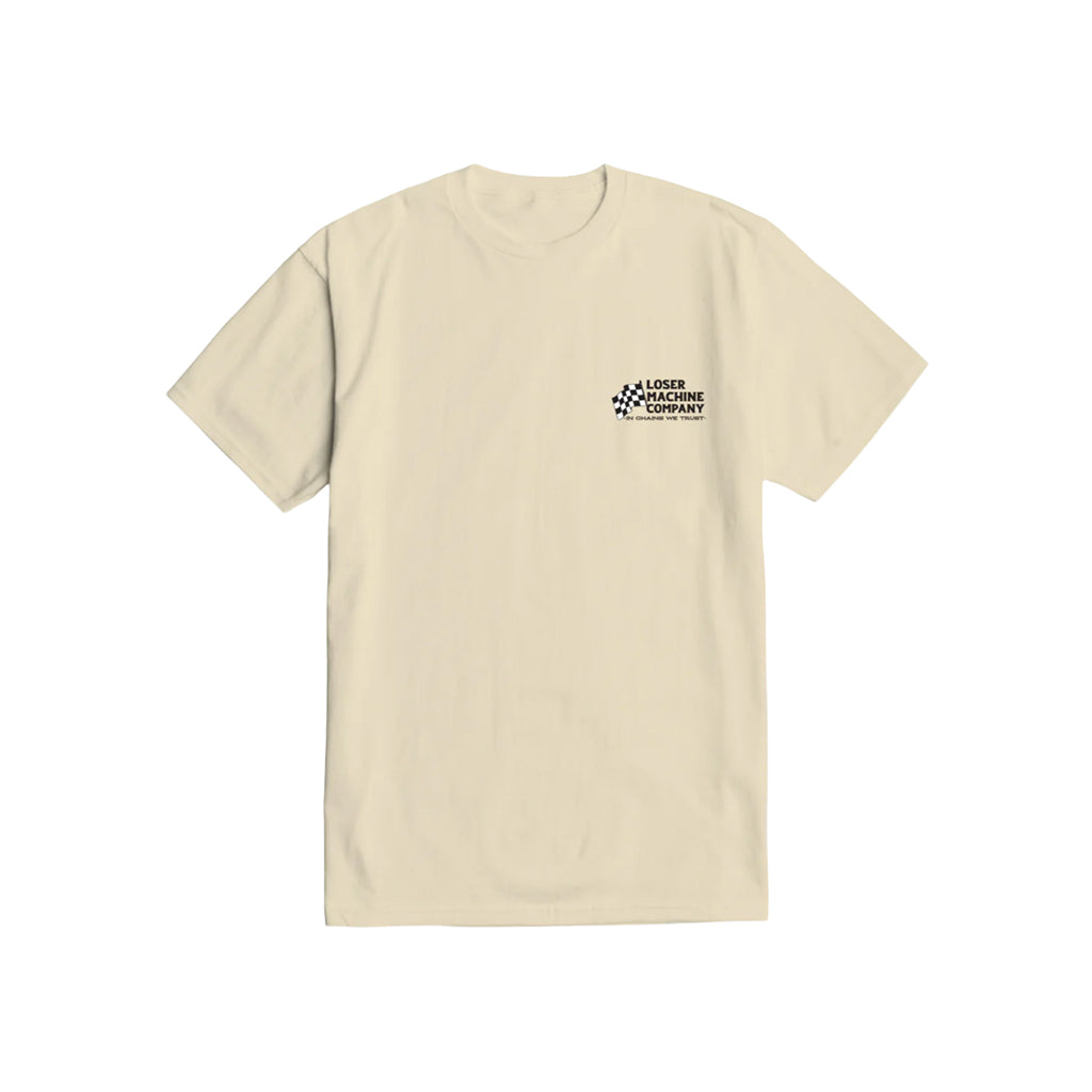 Beige t-shirt with a logo on the chest on a white background