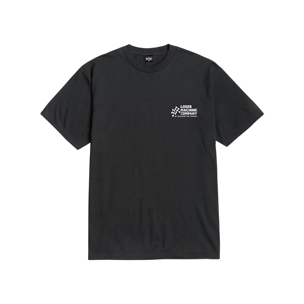 Black t-shirt with a logo on the chest against a white background