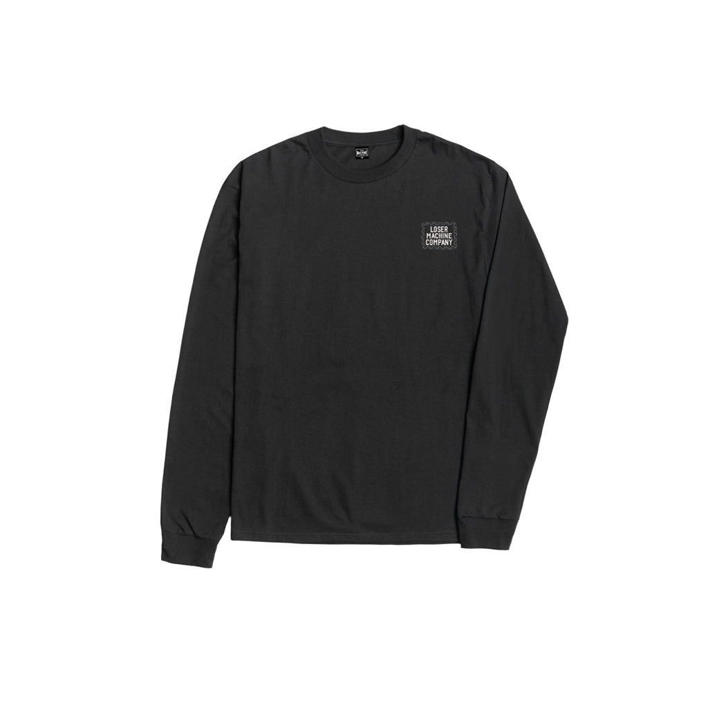 Black long-sleeve shirt with a logo on the chest against a white background