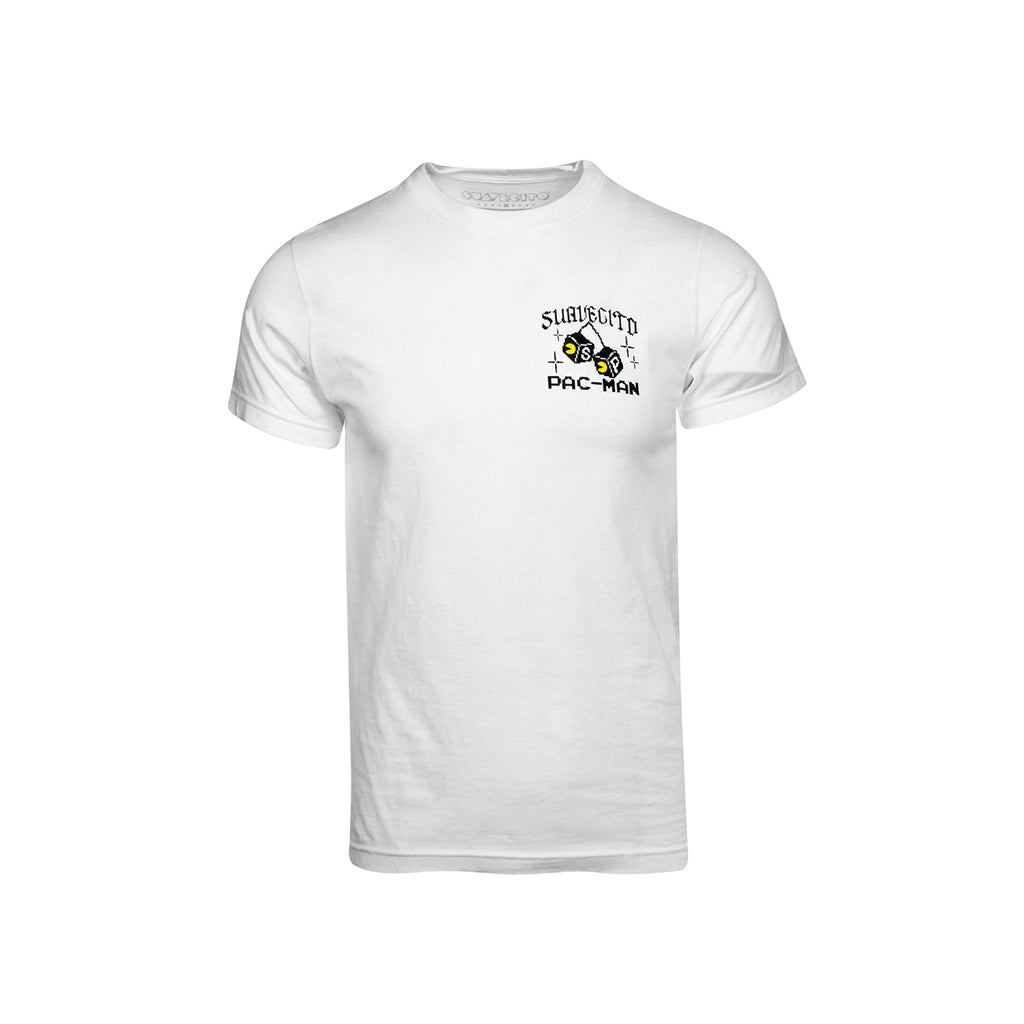 White t-shirt with a graphic design on a white background