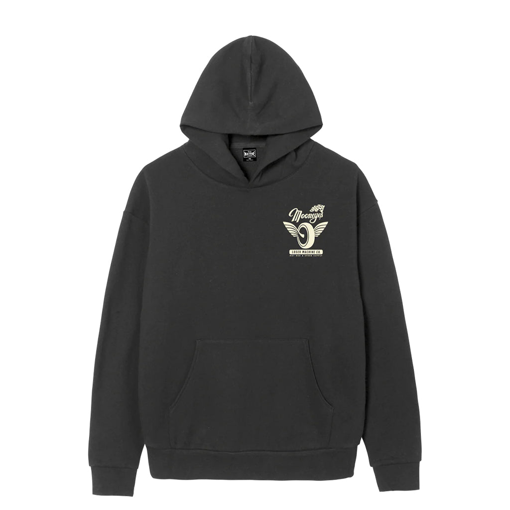 Black hoodie with a logo on the chest against a white background