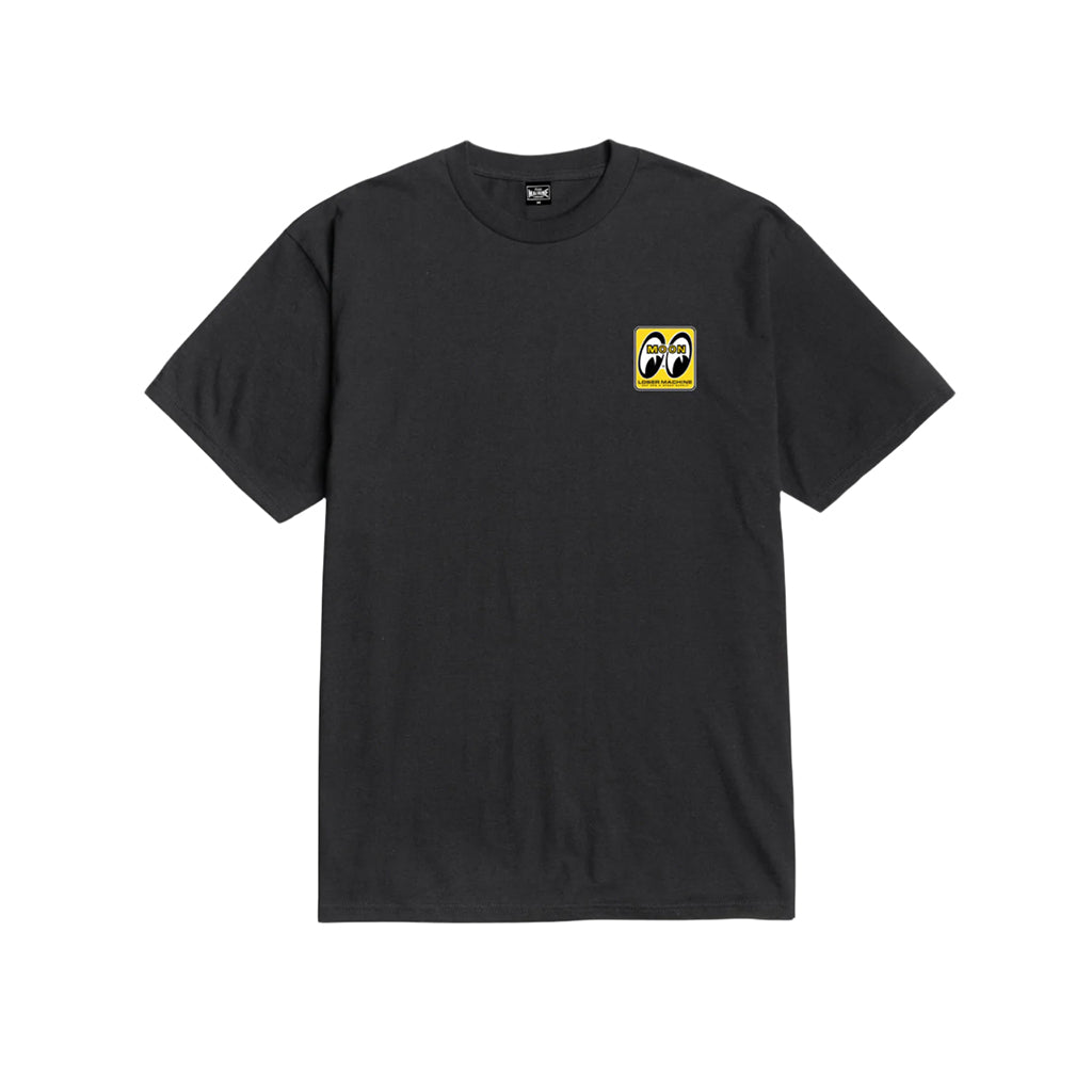 Black t-shirt with a small yellow logo on a white background