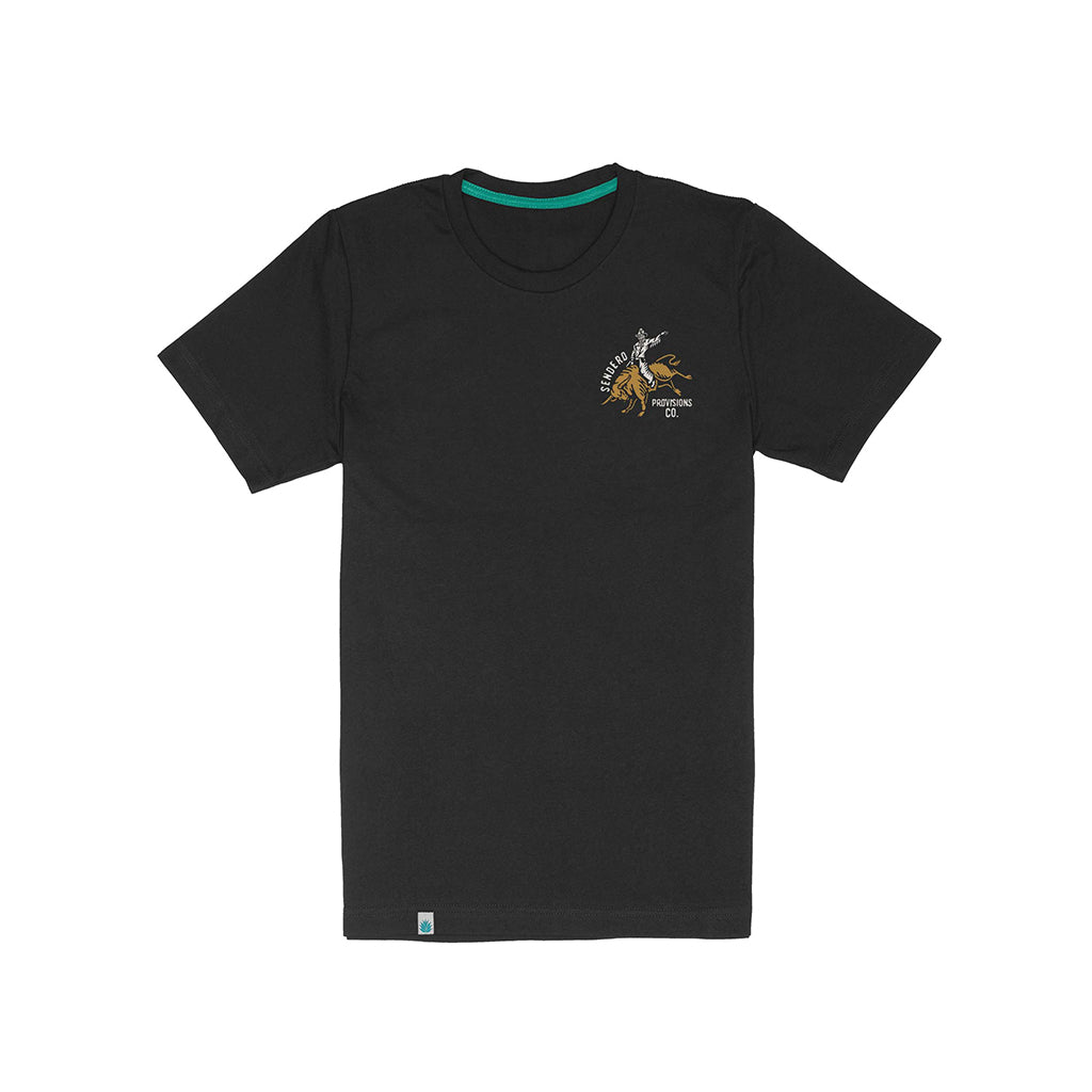 Black t-shirt with a logo on the chest against a white background