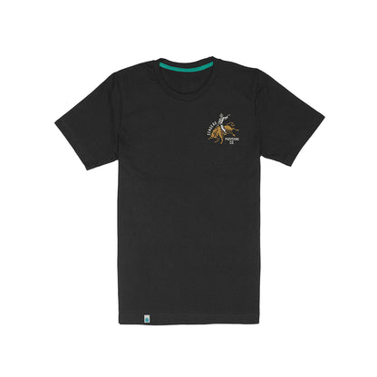 Black t-shirt with a logo on the chest against a white background