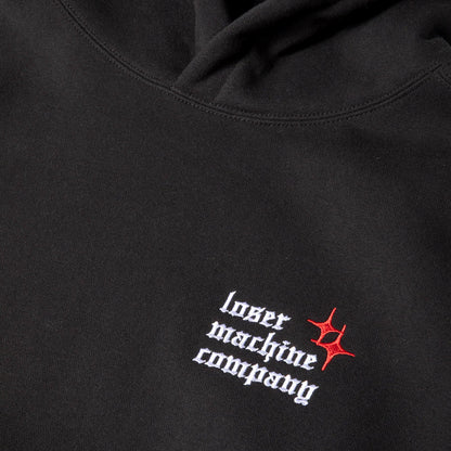 Black hoodie with 'Inner Machine Company' logo on a black background