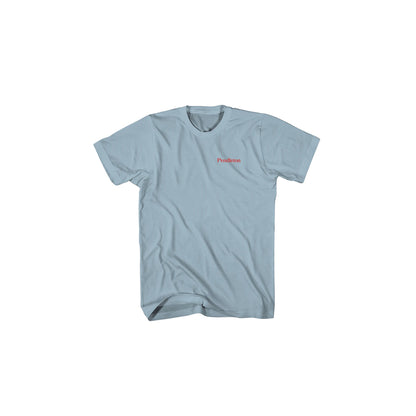 Light blue t-shirt with a red logo on a white background