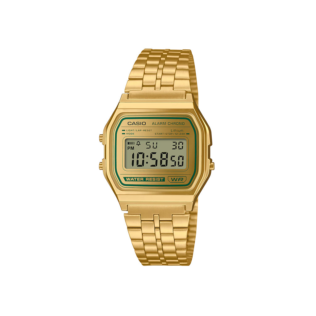 Gold Casio watch with digital display on a white background