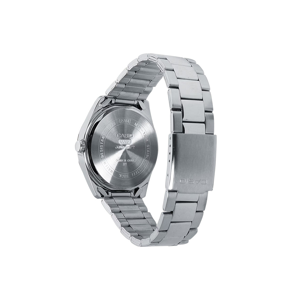 Silver Casio watch with metal band on a white background