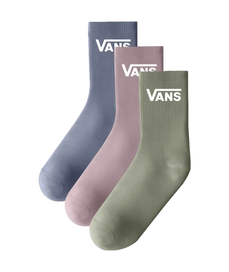 Three pairs of Vans socks in gray, pink, and green on a white background