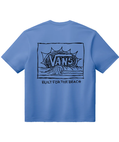 Blue t-shirt with Vans logo and 'Built for the Beach' text on a white background