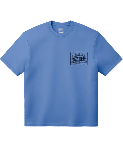 Blue t-shirt with a small logo on a white background
