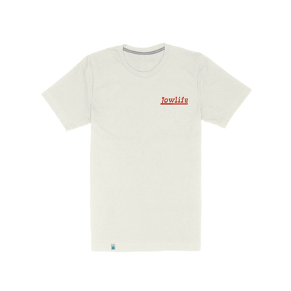 White t-shirt with 'Jowlife' text on a white background