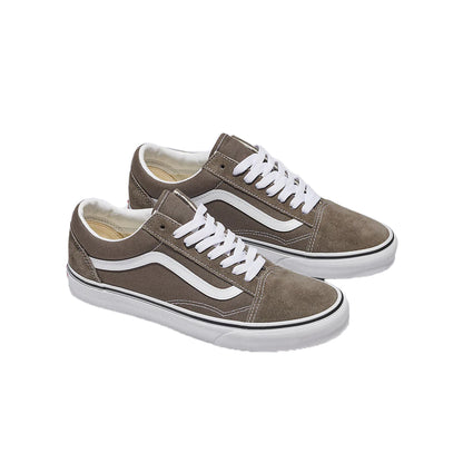 Pair of brown sneakers with white laces and accents on a white background