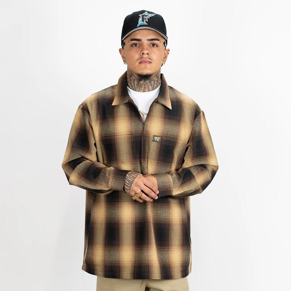 Long Sleeve Checker Zip Shirt Black/Tan