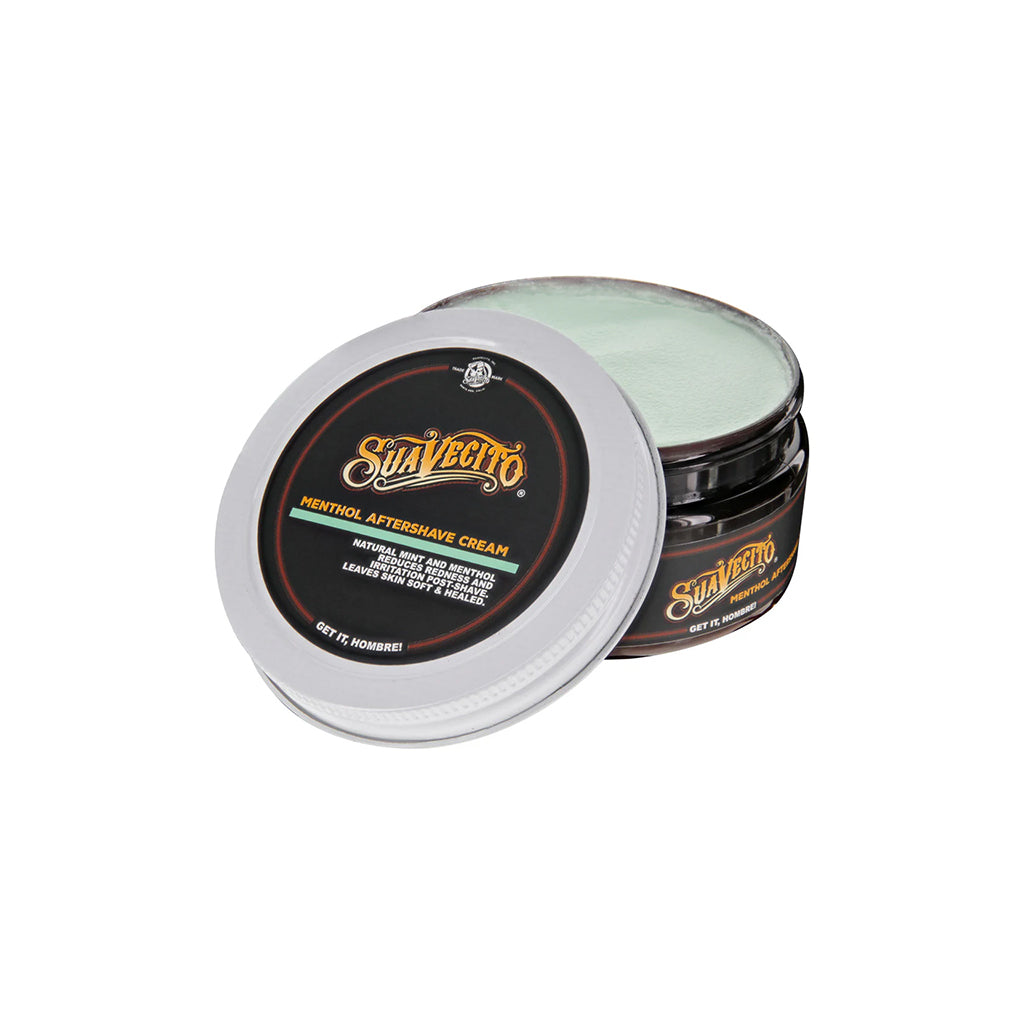 Suavecito aftershave cream jar with open lid on a white background