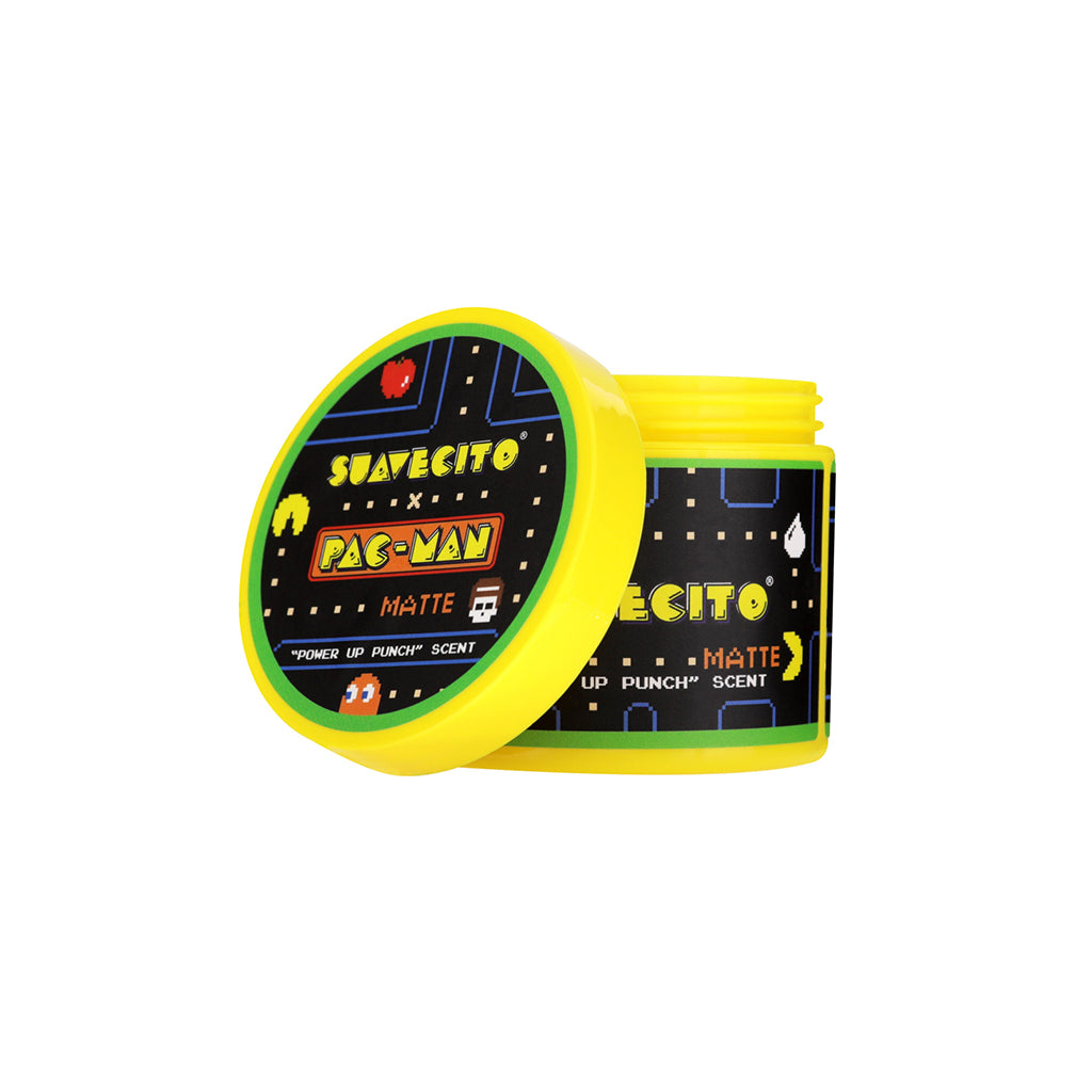 Jar of Suavecito Pac-Man matte hair product with colorful label on a white background