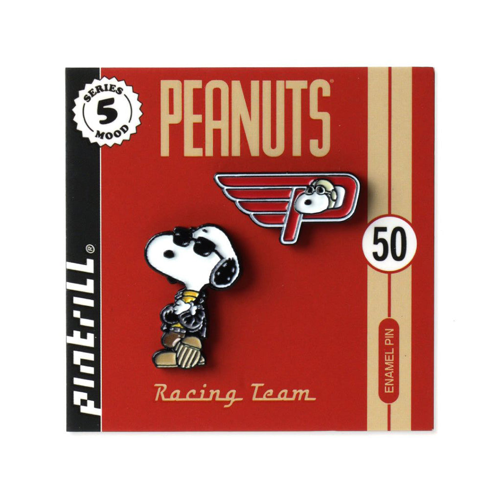 Peanuts racing team enamel pin on a red background with 'Peanuts' branding.