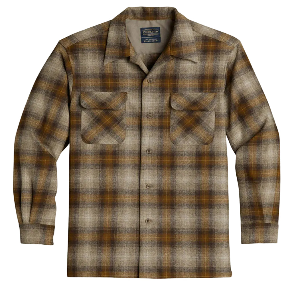 A brown and tan checkered board shirt with a collar, pockets, and square bottom.