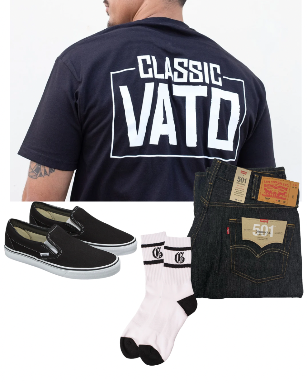 Man wearing a navy blue shirt with 'Classic Vato' text, black slip-on shoes, white socks with black sole, and Levi's jeans on a white background.